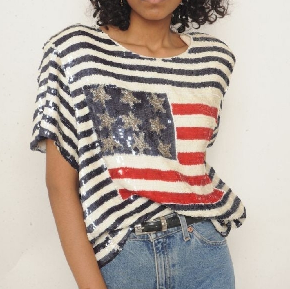Vintage Modi American Flag Patriotic Sequined Top Size S (6/8)
